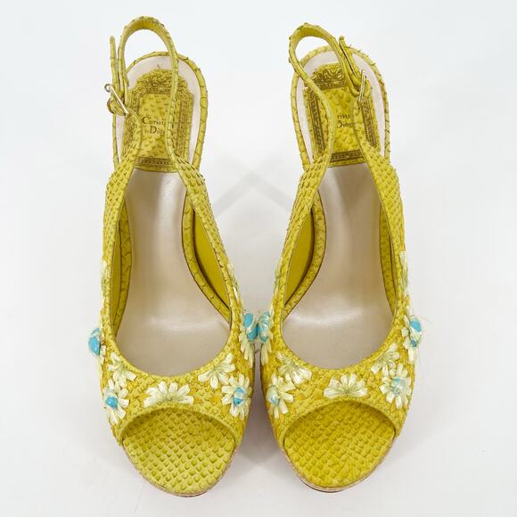 Dior Yellow Python Snakeskin Raffia Embroidered Slingback Platform Heels EU 38 - Picture 5 of 12